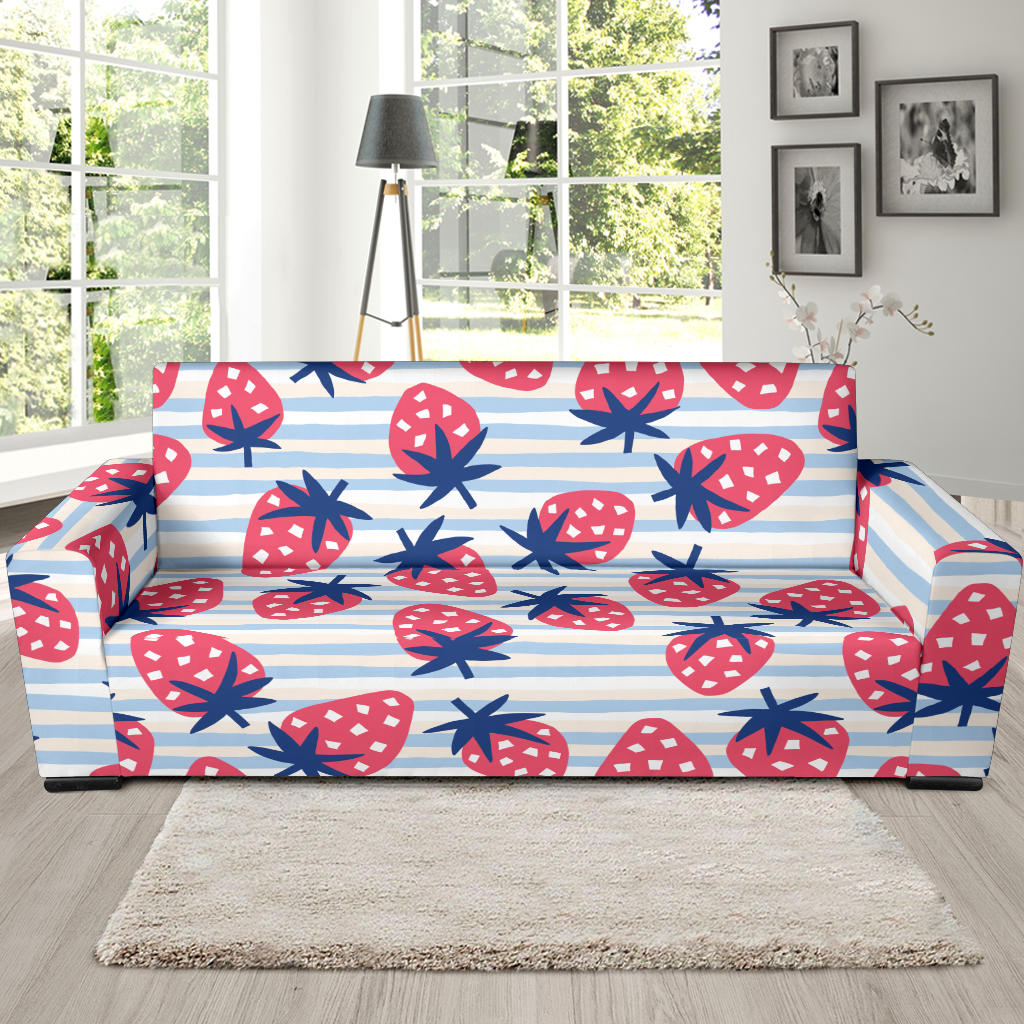 Strawberry Pattern Blue Lines Background Sofa Slipcover