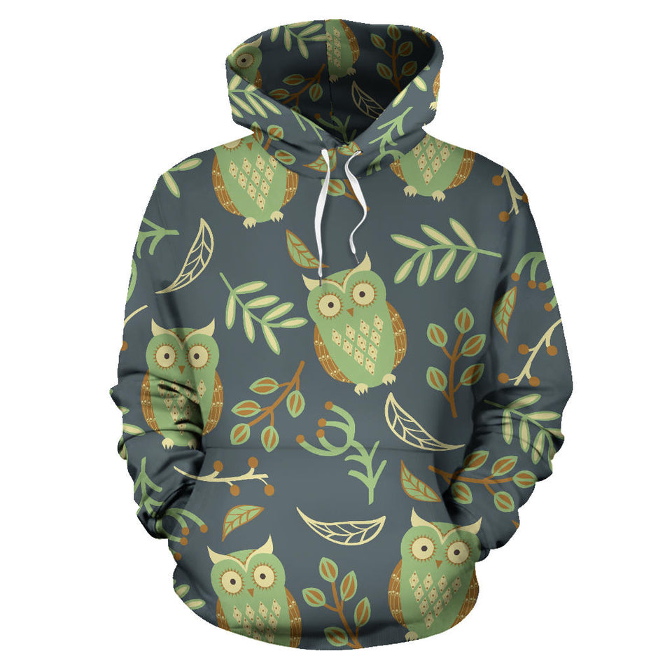 Cute Owls Leaves Pattern Men Women Pullover Hoodie