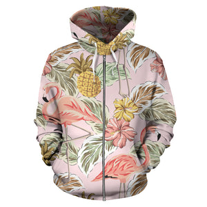 Pink Flamingo Birds Pineapples Hibiscus Flower Pattern Zip Up Hoodie