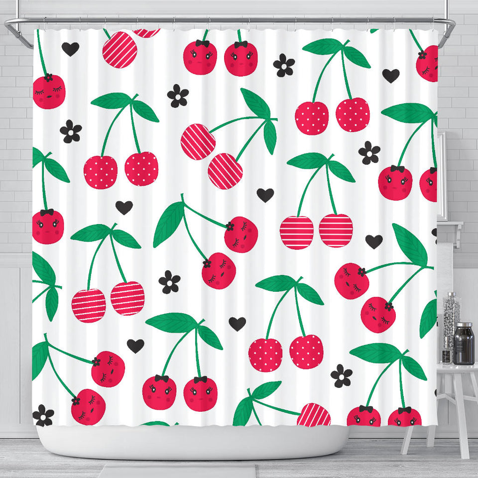 Cherry Pattern White Background Shower Curtain Fulfilled In US