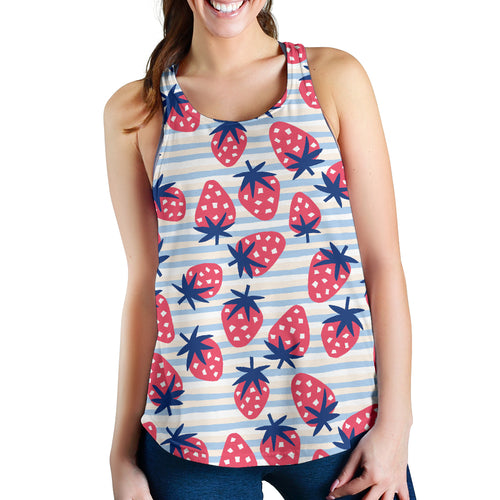 Strawberry pattern blue lines background Women Racerback Tank Top