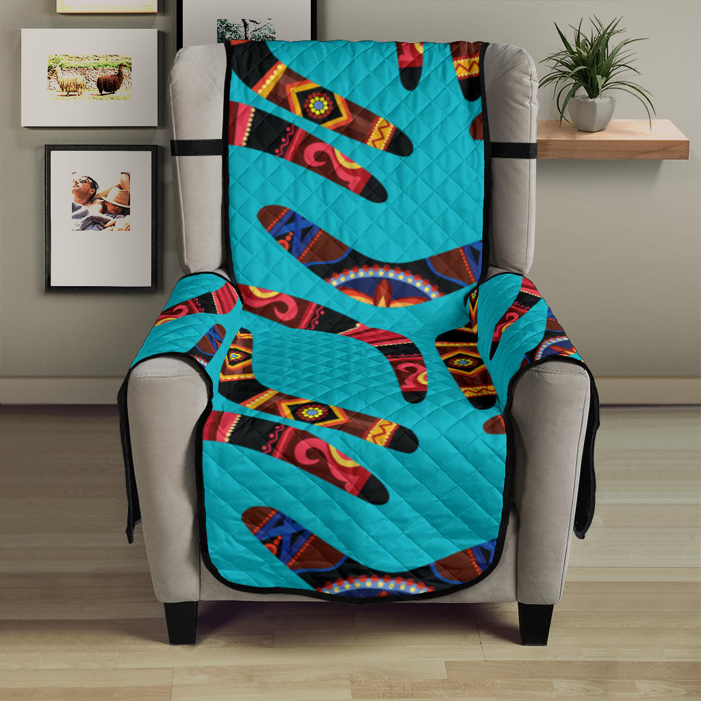 Boomerang Australian aboriginal ornament blue background Chair Cover Protector