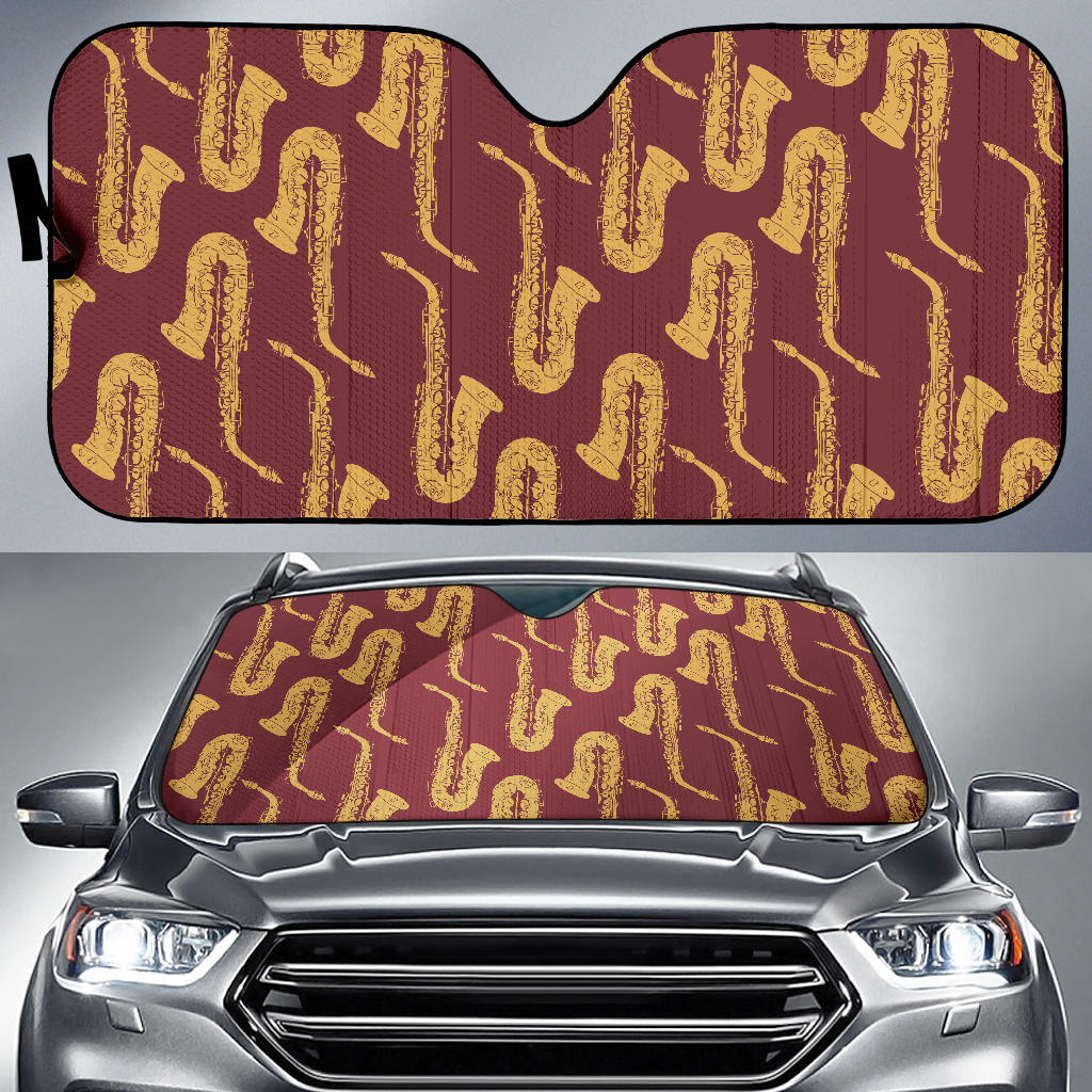 Hand Drawn Gold Saxophone Red Background  Car Sun Shade