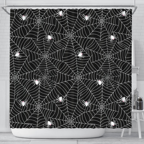Spider Web Design Pattern Black Background White Cobweb Shower Curtain Fulfilled In US