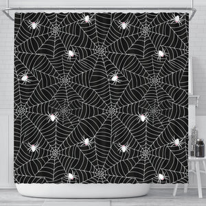 Spider Web Design Pattern Black Background White Cobweb Shower Curtain Fulfilled In US