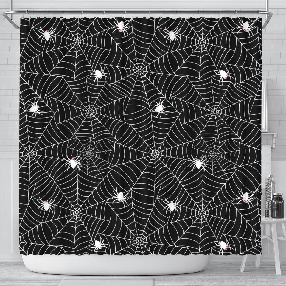 Spider Web Design Pattern Black Background White Cobweb Shower Curtain Fulfilled In US