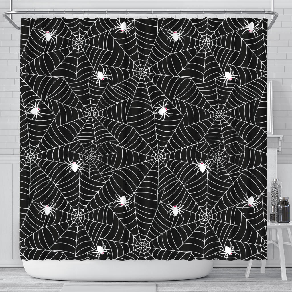 Spider Web Design Pattern Black Background White Cobweb Shower Curtain Fulfilled In US