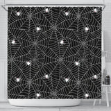 Spider Web Design Pattern Black Background White Cobweb Shower Curtain Fulfilled In US