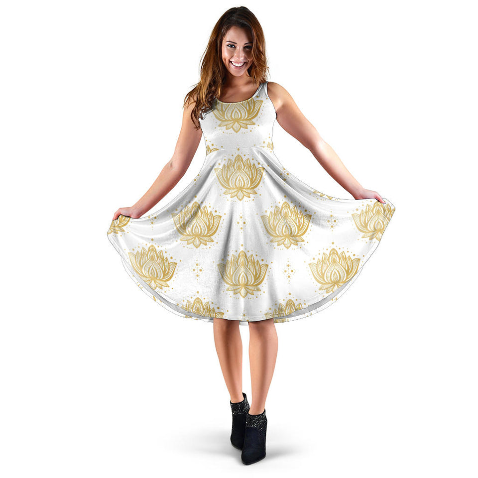 Gold Ornamental Lotue Waterlily Symbol Pattern Sleeveless Midi Dress