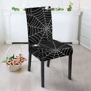 Spider Web Design Pattern Black Background White Cobweb Dining Chair Slipcover