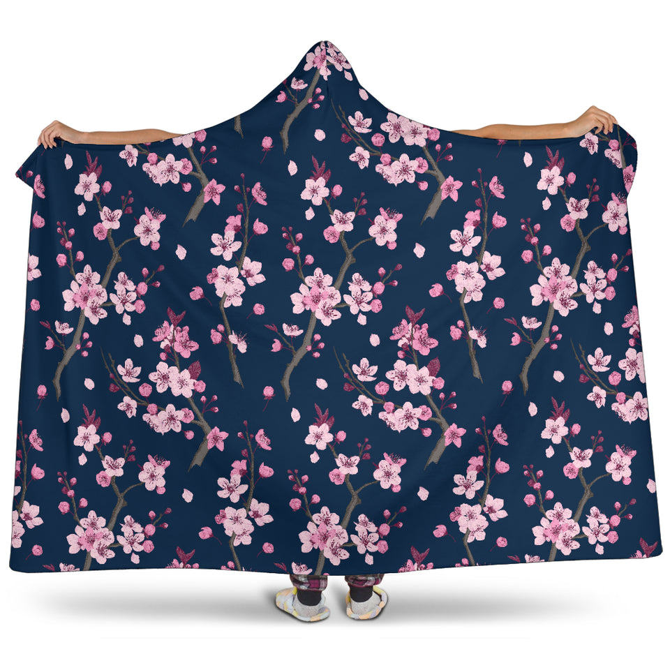 Pink Sakura Cherry Blossom Blue Background Hooded Blanket