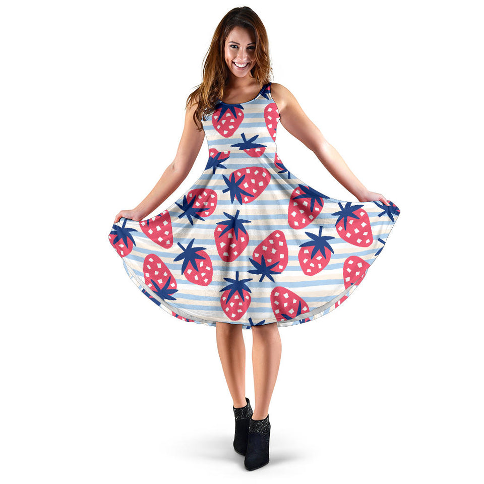 Strawberry Pattern Blue Lines Background Sleeveless Midi Dress