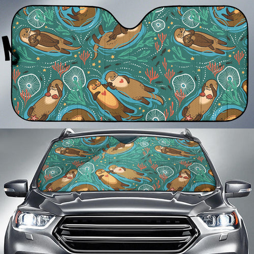 Cute Brown Sea Otters Ornamental Seaweed Corals Green Water Car Sun Shade