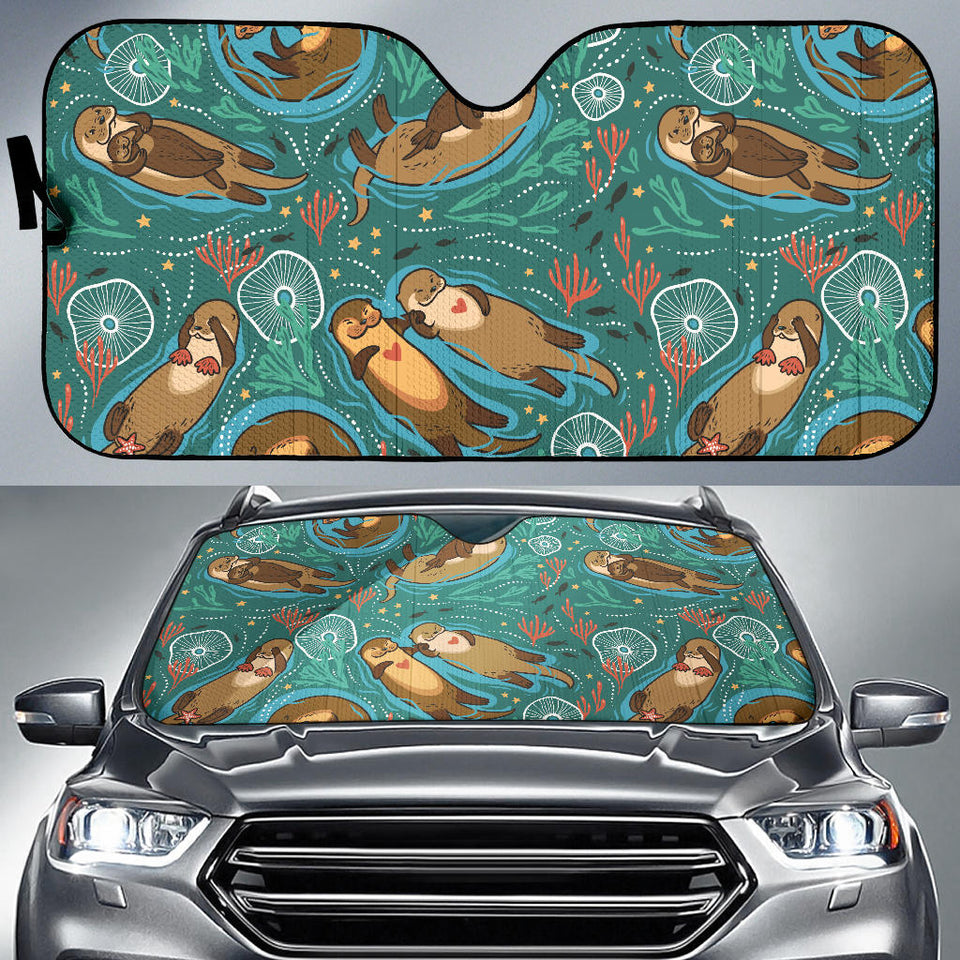 Cute Brown Sea Otters Ornamental Seaweed Corals Green Water Car Sun Shade