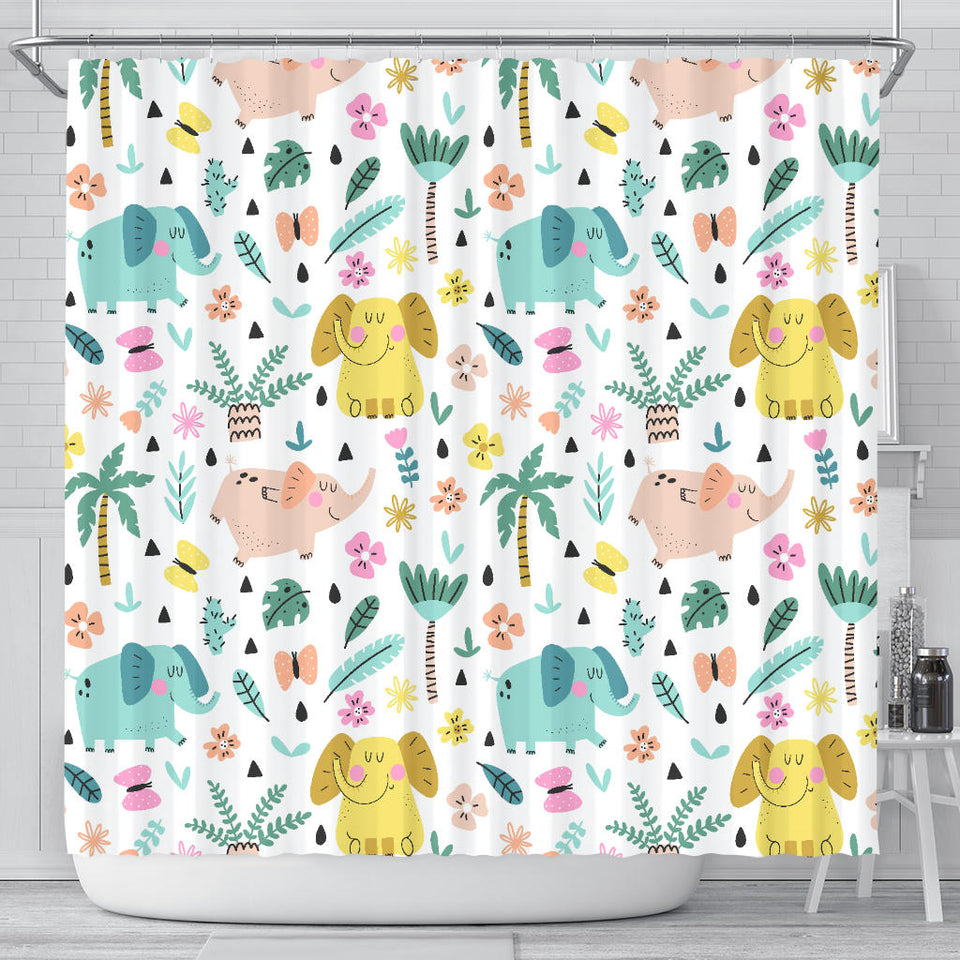 Cute Elephants Palm Tree Flower Butterfly Pattern Shower Curtain Fulfilled In US