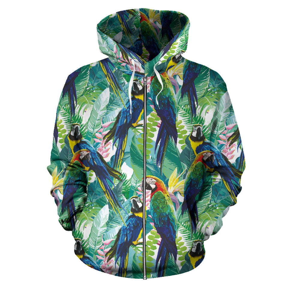 Colorful Parrot Exotic Flower Leaves Zip Up Hoodie