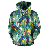 Colorful Parrot Exotic Flower Leaves Zip Up Hoodie