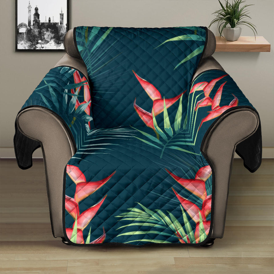 heliconia flowers, palm and monstera leaves on black background pattern Recliner Cover Protector