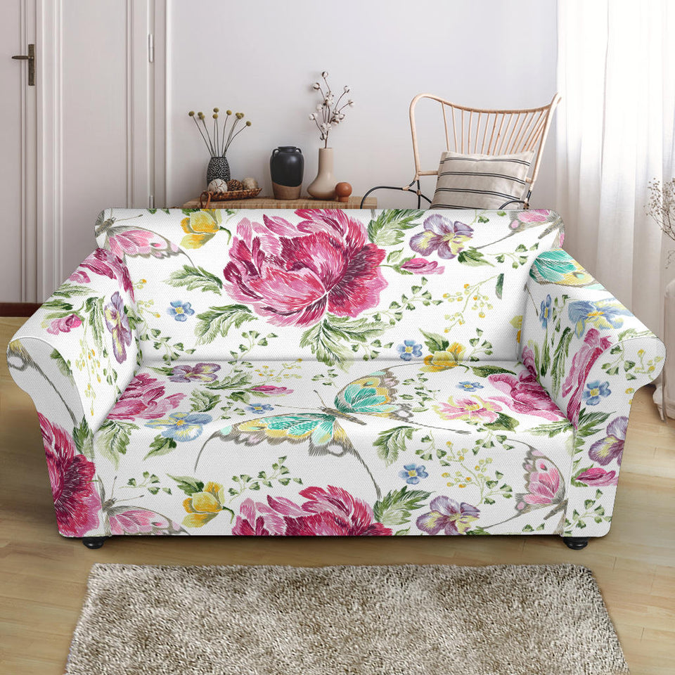 Hand Drawn Butterfly Rose Loveseat Couch Slipcover