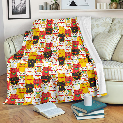 Colorful Maneki Neko Lucky Cat Pattern Premium Blanket