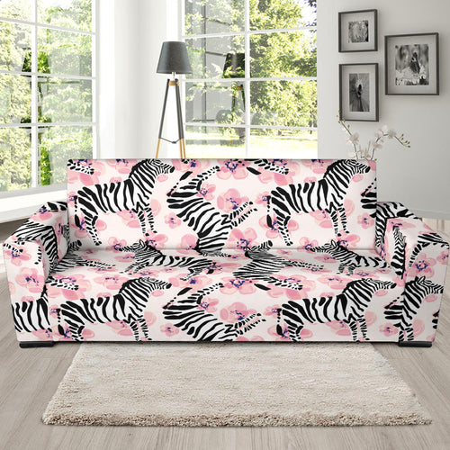 Zebra Pink Flower Background Sofa Slipcover