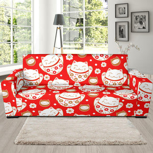Cute Maneki Neko Lucky Cat Red Background Sofa Slipcover