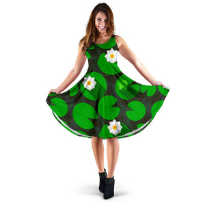 Frog Waterlily Pattern Sleeveless Midi Dress