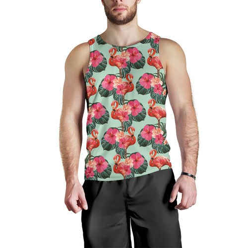 Beautiful flamingo tropical palm leaves hibiscus pateern background Men Tank Top