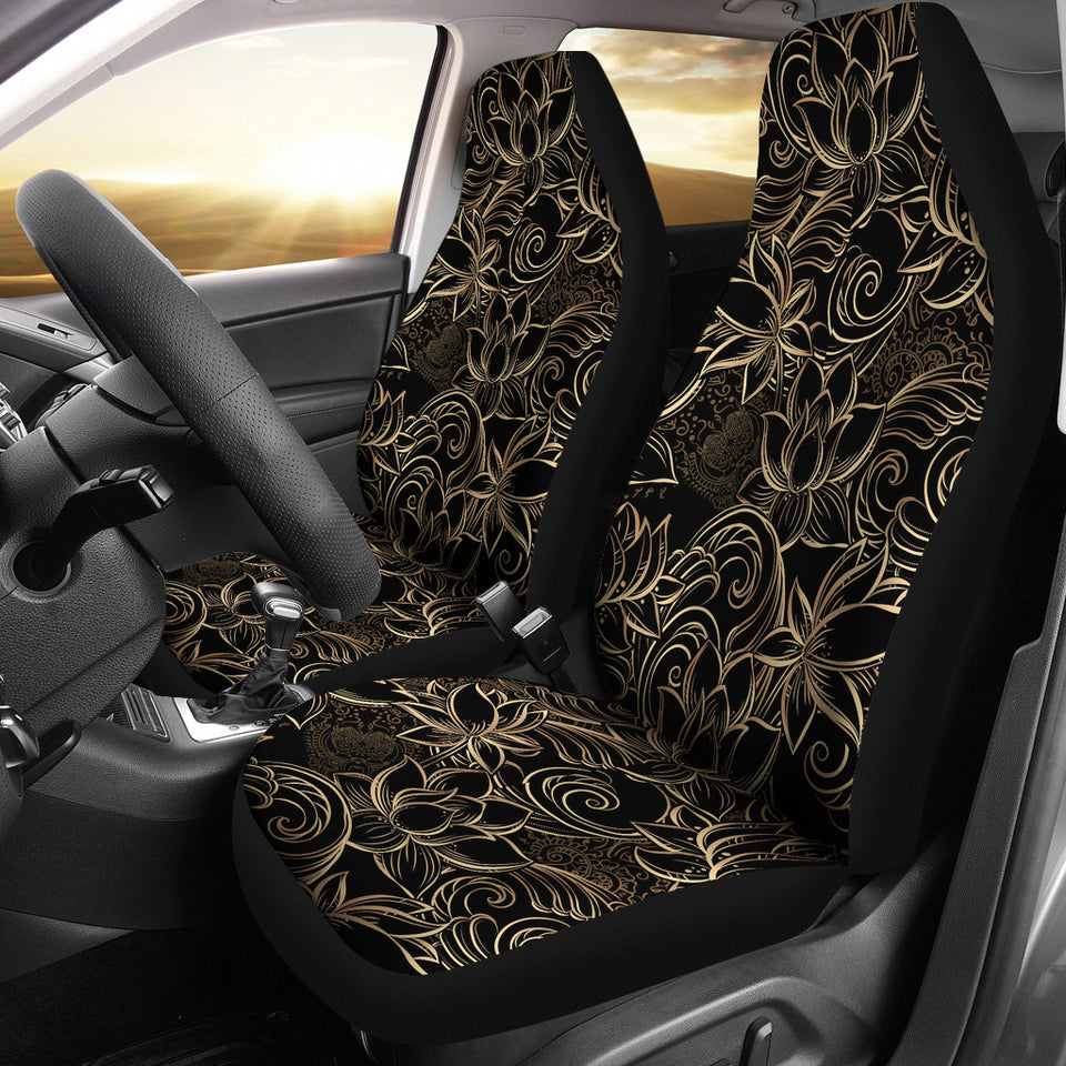 Luxurious Gold Lotus Waterlily Black Background Universal Fit Car Seat Covers