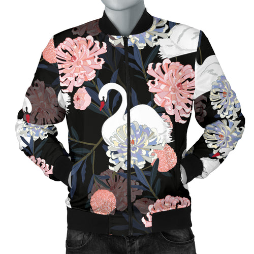 White Swan Blooming Flower Pattern Men'S Bomber Jacket