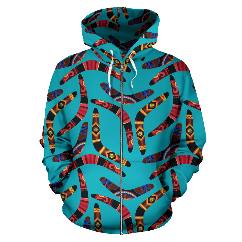 Boomerang Australian Aboriginal Ornament Blue Background Zip Up Hoodie