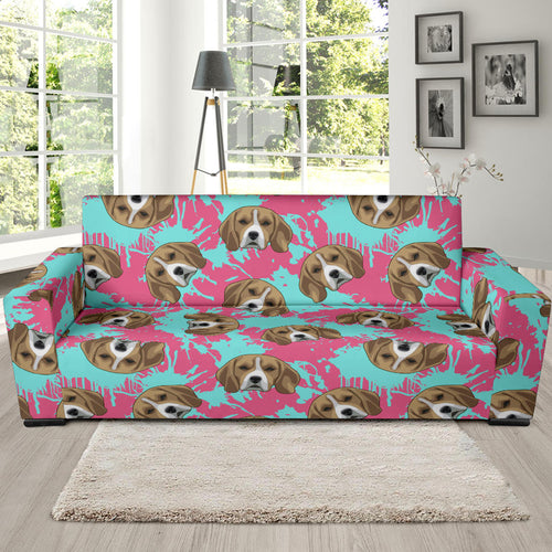 Beagle Muzzles Turquoise Paint Splashes Pink Pattern Sofa Slipcover