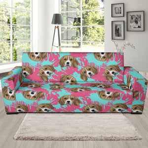 Beagle Muzzles Turquoise Paint Splashes Pink Pattern Sofa Slipcover
