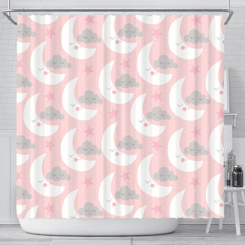 Cute Moon Cloud Star Pattern Pink Dot Background Shower Curtain Fulfilled In US