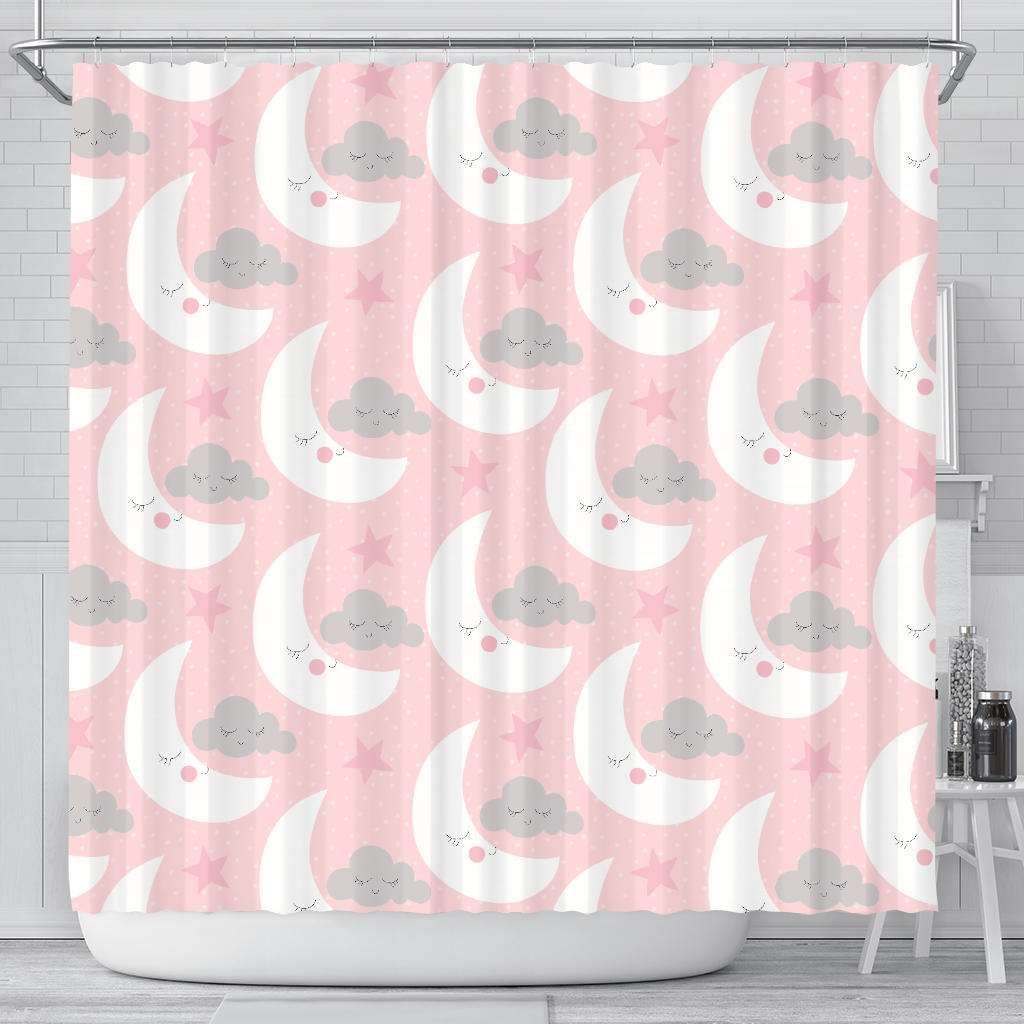 Cute Moon Cloud Star Pattern Pink Dot Background Shower Curtain Fulfilled In US