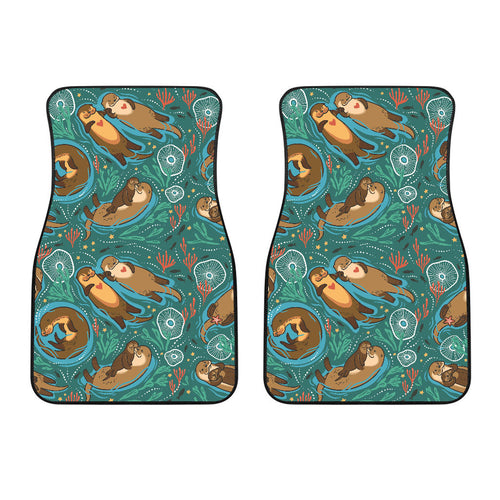 Cute Brown Sea Otters Ornamental Seaweed Corals Green Water Front Car Mats