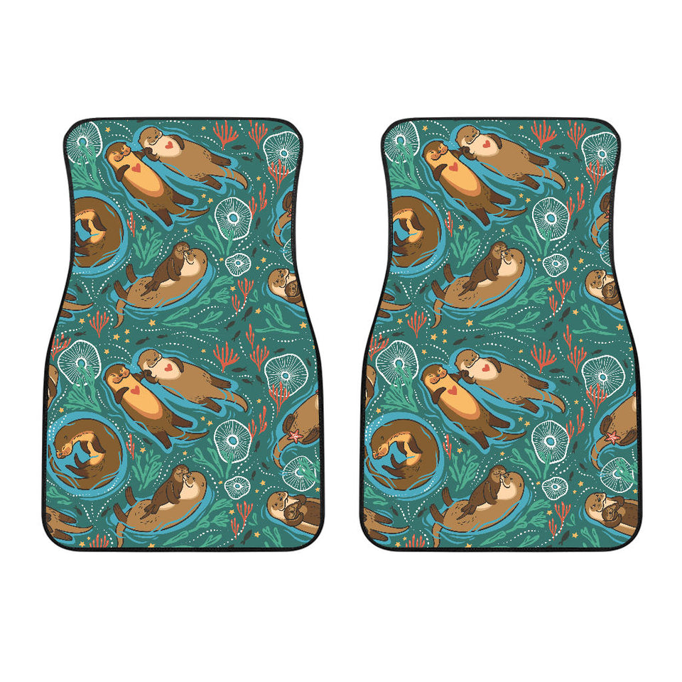 Cute Brown Sea Otters Ornamental Seaweed Corals Green Water Front Car Mats