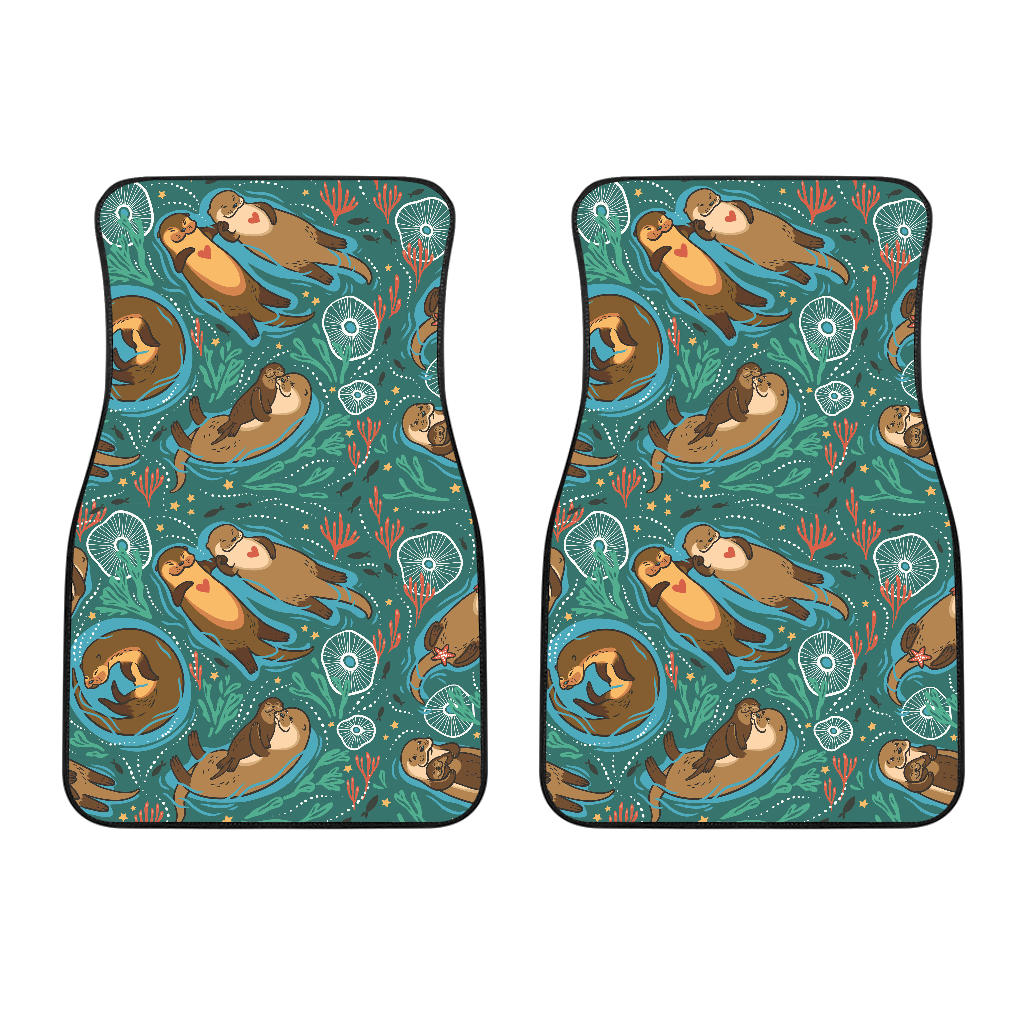 Cute Brown Sea Otters Ornamental Seaweed Corals Green Water Front Car Mats