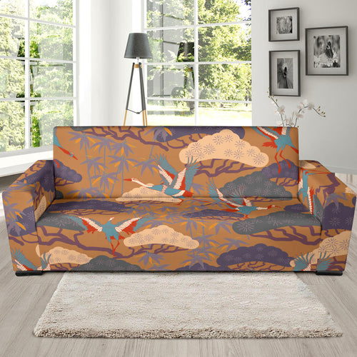 Bonsai Bamboo Stork Japanese Pattern Brown Theme Sofa Slipcover