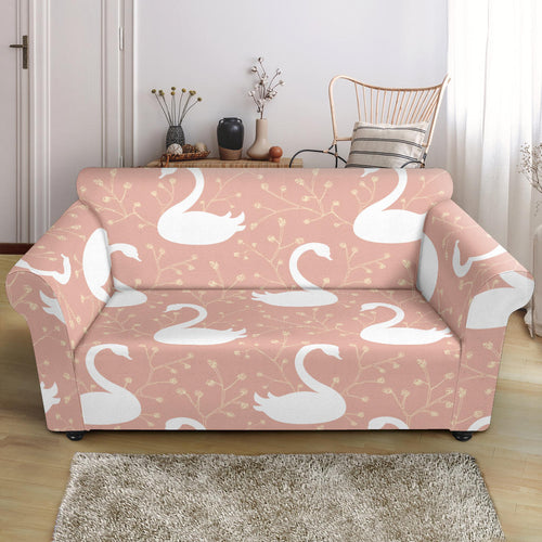 Swan Flower Light Pink Background Loveseat Couch Slipcover