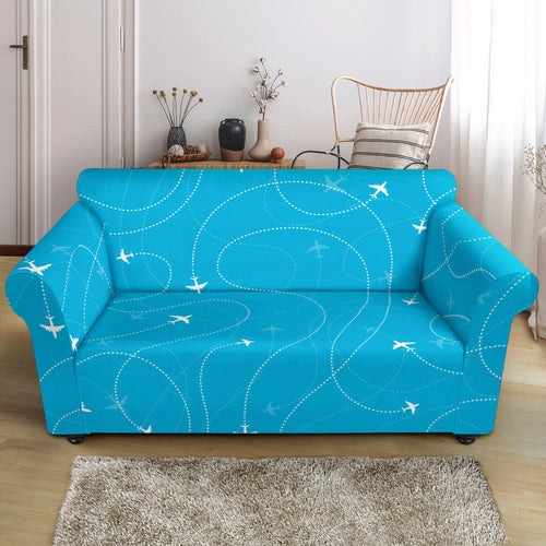 Airplane Destinations Blue Background Loveseat Couch Slipcover