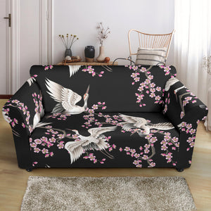 Japanese Crane Pink Sakura Pattern Loveseat Couch Slipcover