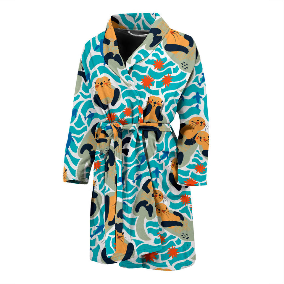 Cute Sea Otters Fishe Sea Urchin Pattern Men'S Bathrobe