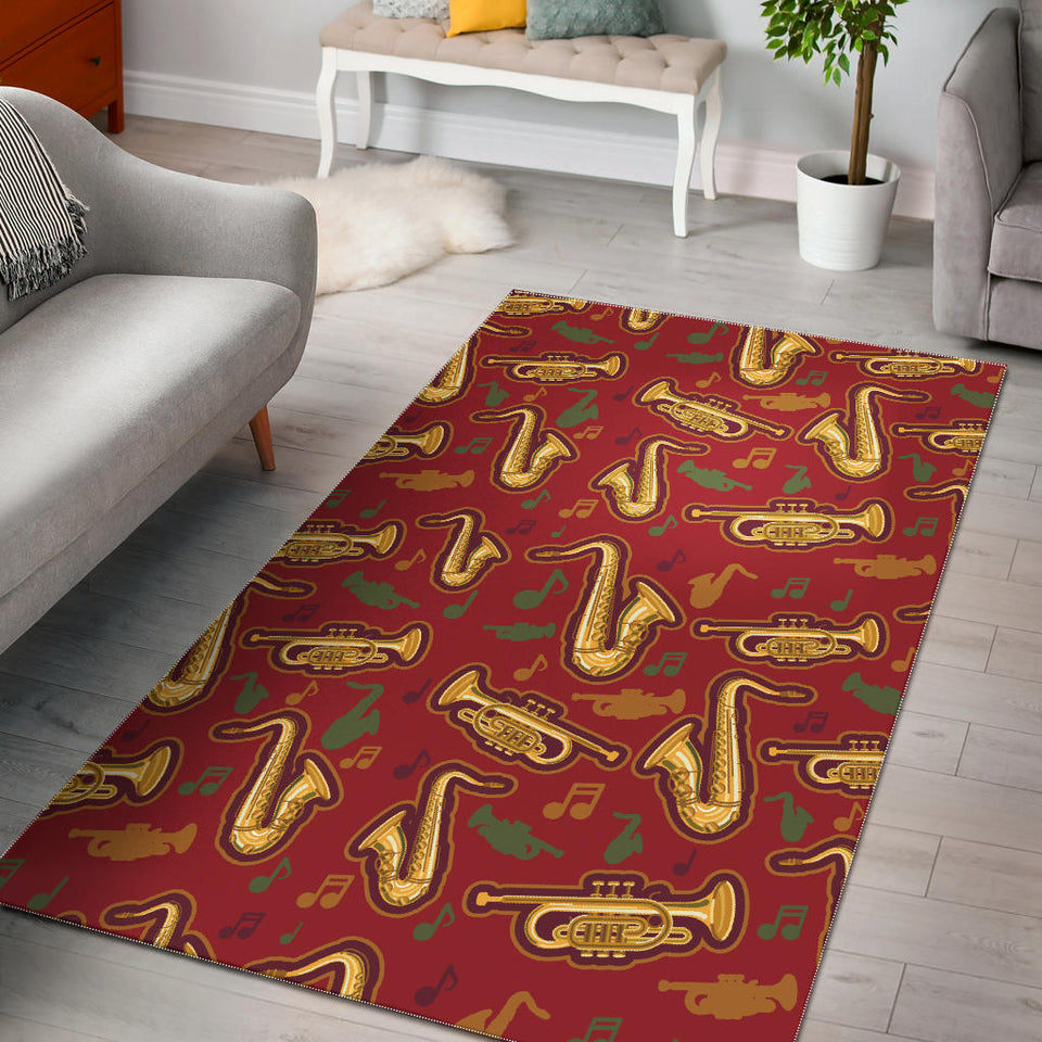 Saxophone Cornet Pattern Red Background Area Rug
