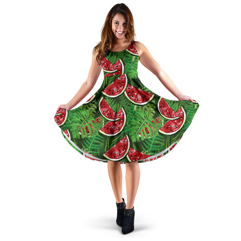 Watermelons Tropical Palm Leaves Pattern Background Sleeveless Midi Dress