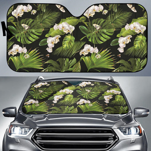 White Orchid Flower Tropical Leaves Pattern Blackground Car Sun Shade