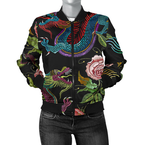 Dragons Flower Pattern Women'S Bomber Jacket