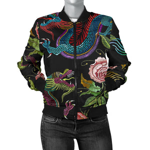 Dragons Flower Pattern Women'S Bomber Jacket