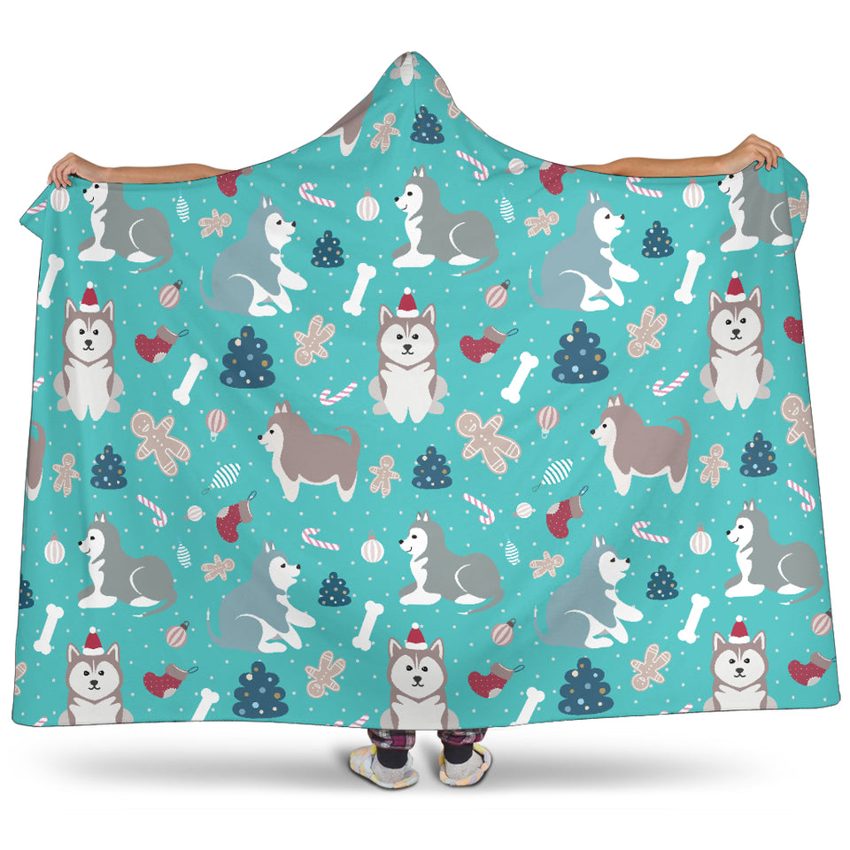 Christmas Cute Siberian Husky Puppie Pattern Hooded Blanket