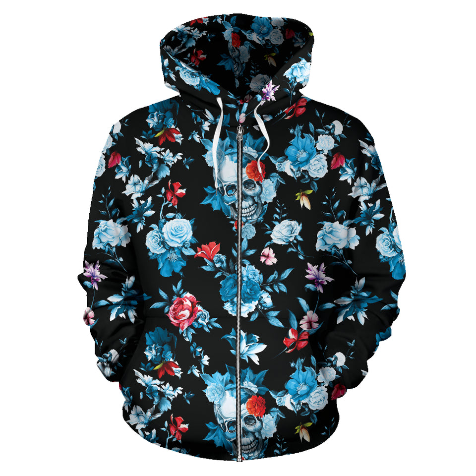 Skull Flower Roses Leave Pattern Zip Up Hoodie